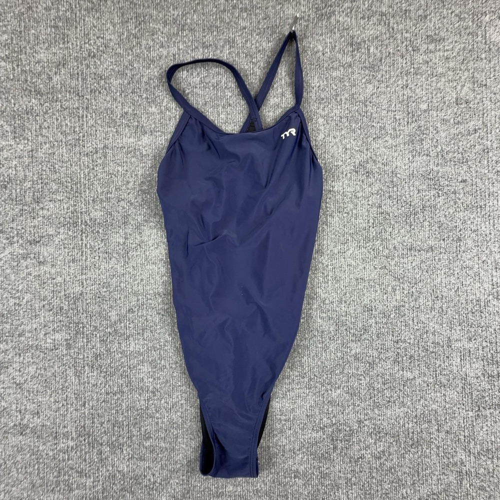 TYR Swimsuit Womens 28 Blue One Piece Solid Lined Spaghetti Strap Swim Training